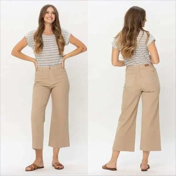 Judy Blue Denim - Judy Blue Women's JB88638‎ Khaki Wide Leg Crop Jeans Raw Hem Garment Dyed 15/32
